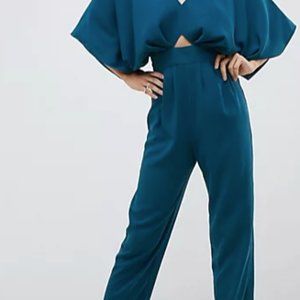 Teal jumpsuit with cutout and kimono sleeve
